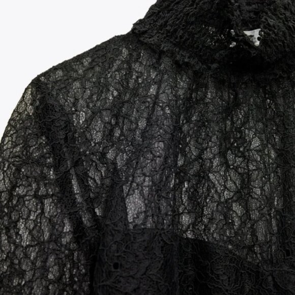 ZARA NWOT Black Lace Bohemian Sheer Flare Long Sleeve High Neck Top Size Medium - Picture 6 of 14